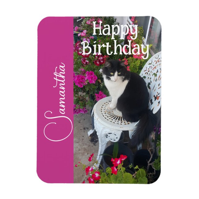 Magnet Flexible Tuxedo Cat Cats and Flowers Girls Name Birthday (Vertical)