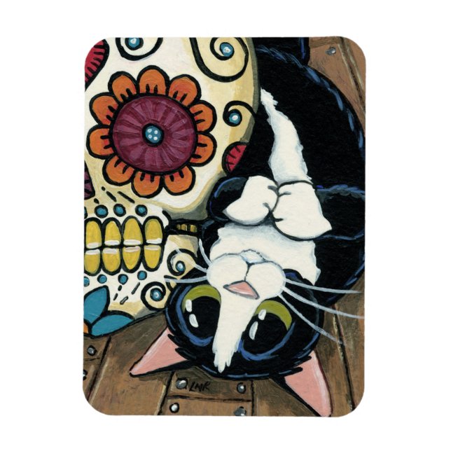 Magnet Flexible Tuxedo Cat et crâne de sucre Illustration (Vertical)