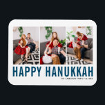 Magnet Flexible Typographie Bleue Photo Collage Happy Hanoukka<br><div class="desc">Heureux Hanoukka ! Fêtez le joyeux Festival des lumières avec notre photo personnalisable Hanoukka magnet! Cet aimant festif vous permet de mettre en valeur vos souvenirs préférés tout en ajoutant une touche personnelle à votre décor de vacances. Il présente une typographie simple bleue. Personnalisez en ajoutant trois photos, noms, année...</div>