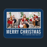 Magnet Flexible Typographie moderne Blue Photo Collage Noël<br><div class="desc">Joyeux Noël! Envoyez vos souhaits chaleureux cette saison avec ce collage photo personnalisable aimant Noël. Il présente une typographie simple avec un arrière - plan bleu. Personnalisez en ajoutant vos photos,  noms,  année et autres détails. Cet aimant de Noël moderne est disponible en d'autres couleurs et en carton.</div>