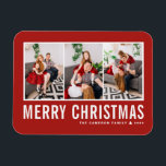 Magnet Flexible Typographie moderne Red Photo Collage Noël<br><div class="desc">Joyeux Noël! Envoyez vos souhaits chaleureux cette saison avec ce collage photo personnalisable aimant Noël. Il présente une typographie simple avec un arrière - plan rouge. Personnalisez en ajoutant vos photos,  noms,  année et autres détails. Cet aimant de Noël moderne est disponible en d'autres couleurs et en carton.</div>