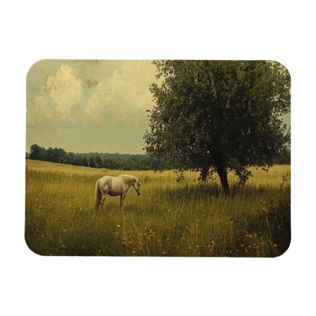 Magnet Flexible Un cheval blanc paissant dans un champ (Horizontal)