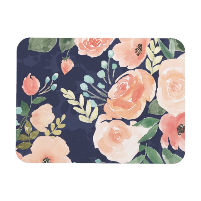 Magnet Flexible Un délice florissant | Pêche et Roses bleus et pav (Horizontal)
