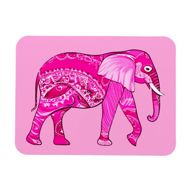 Magnet Flexible Un éléphant indien dans un style arabesque rose Fu (Horizontal)