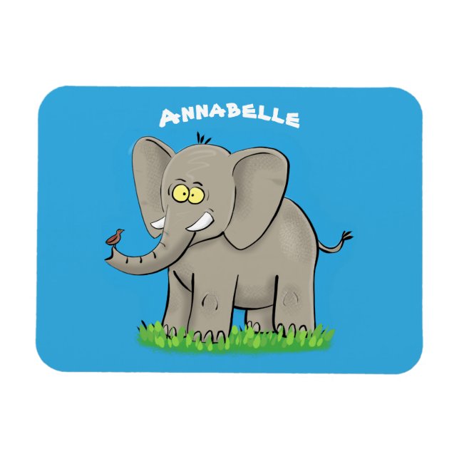 Magnet Flexible Un joli éléphant drôle avec un oiseau sur le tronc (Horizontal)