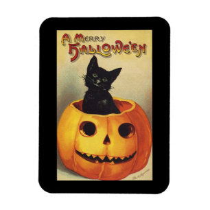Magnet Flexible Un joyeux Halloween, Chat noir Vintage en Citrouil
