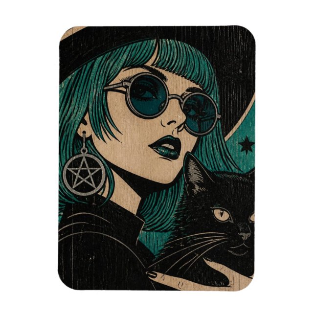 Magnet Flexible Une sorcière avec son chat noir Gravure sur bois (Vertical)