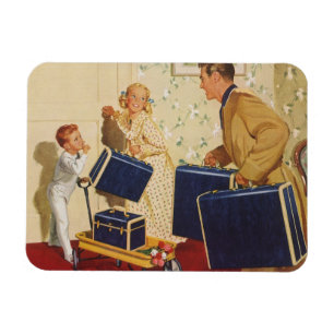 Magnet Flexible Vacances en famille vintage, papa, enfants et vali
