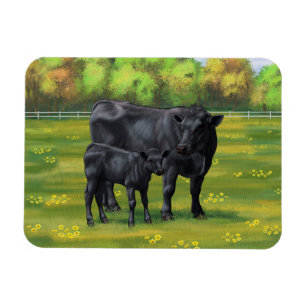 Magnet Flexible Vache d'Angus noir et veau mou en pâturage d'été