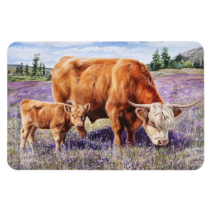 Magnet Flexible Vache des Highlands et Veau Fleurs Sauvages Violet
