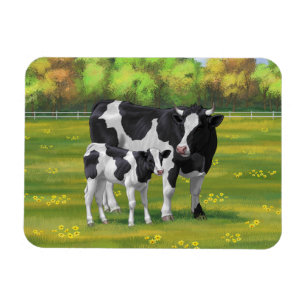 Magnet Flexible Vache Holstein et veau coudu dans le pâturage d'