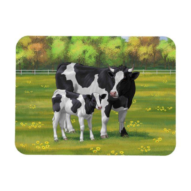 Magnet Flexible Vache Holstein et veau mignon en pâturage d'été (Horizontal)