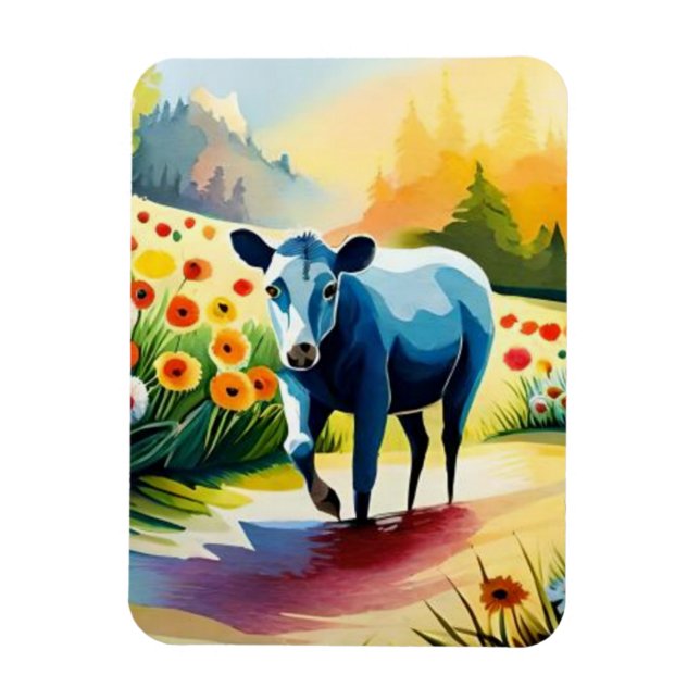 Magnet Flexible Vache mignonne dans le champ floral (Vertical)
