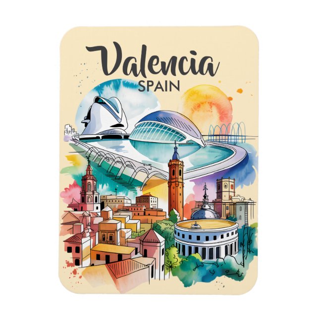 Magnet Flexible Valencia Spain Cityscape Watercolor Travel Custom (Vertical)