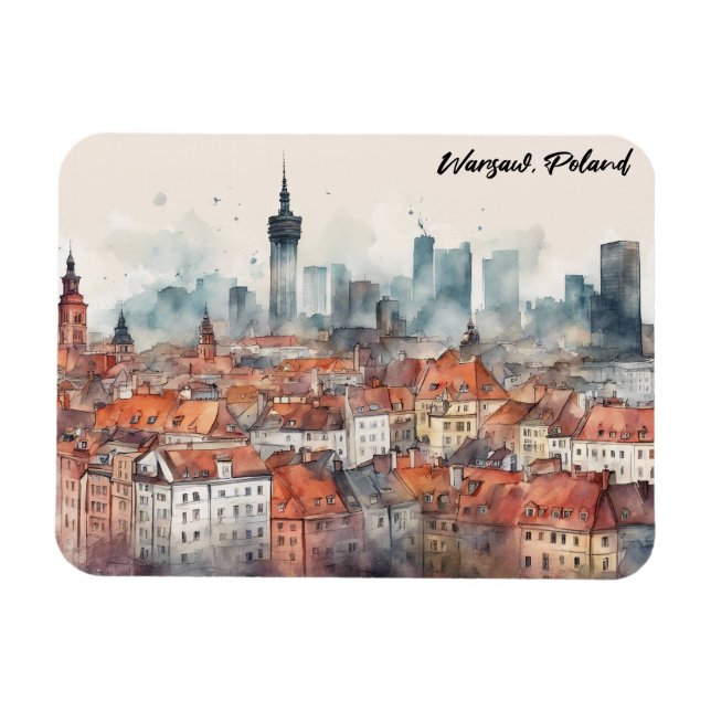 Magnet Flexible Varsovie colorée Pologne Aquarelle Skyline (Horizontal)