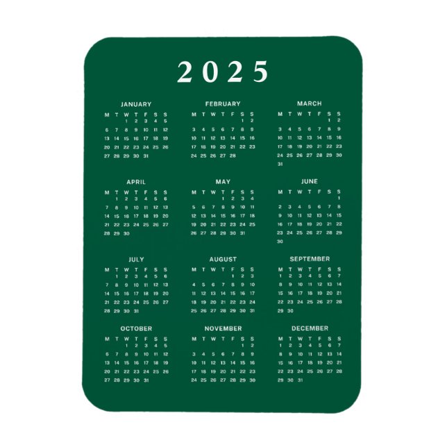 Magnet Flexible Vert blanc 2025 Calendrier mensuel (Vertical)