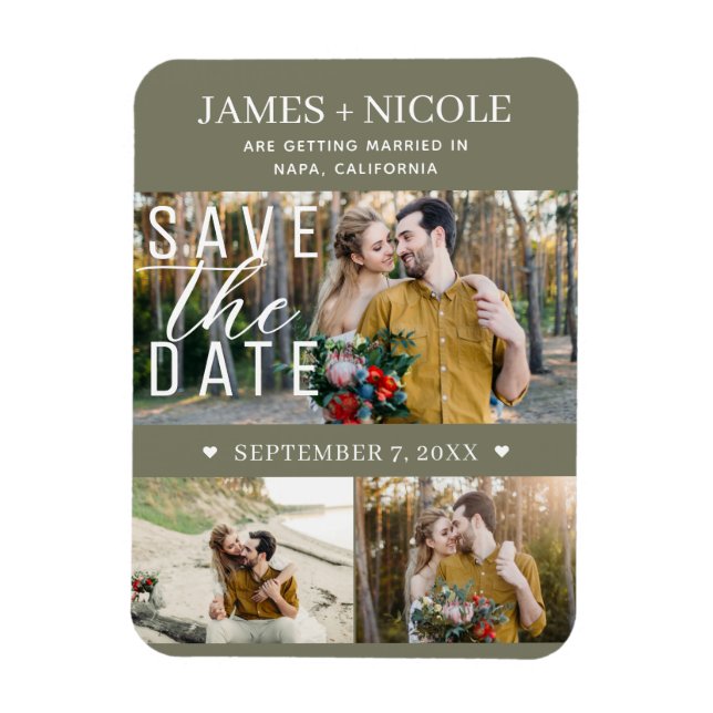 Magnet Flexible Vert olive moderne Enregistrer la date Mariage 3 p (Vertical)