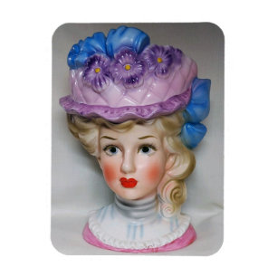 Magnet Flexible Victorian Lady Head Vase Pink & Purple Floral Hat