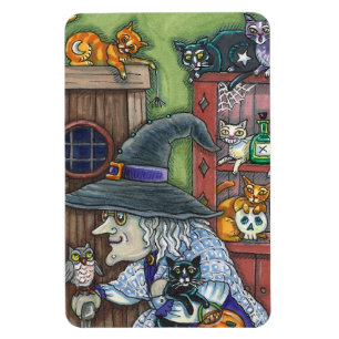 MAGNET FLEXIBLE VIEILLE WITCH HAPPY HOME, BEAUCOUP DE CHATS & OWL