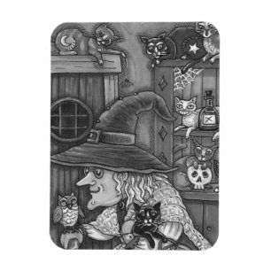 MAGNET FLEXIBLE VIEILLE WITCH HAPPY HOME, CATS & OWL NOIR/WHT HALL