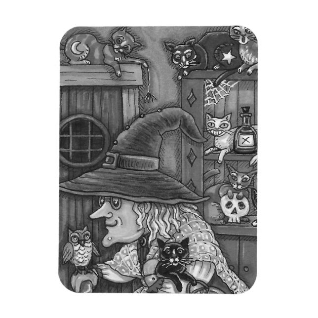 MAGNET FLEXIBLE VIEILLE WITCH HAPPY HOME, CATS & OWL NOIR/WHT HALL (Vertical)