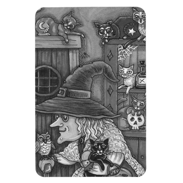MAGNET FLEXIBLE VIEILLE WITCH HAPPY HOME, CATS & OWL NOIR/WHT HALL (Vertical)
