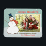 Magnet Flexible Vintage Aqua Winter Snowman Happy Holidays Photo<br><div class="desc">"Happy Holidays" paysage photo de modèle d'aimant comprend une scène hivernale enneigée avec des flocons de neige en chute et un bonhomme de neige heureux habillé d'un chapeau et d'une écharpe. Personnalisez avec votre photo et votre salutation personnalisée. Vintage aqua bleu / vert, orange / rouge et blanc design avec...</div>