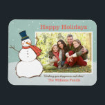 Magnet Flexible Vintage Aqua Winter Snowman Happy Holidays Photo<br><div class="desc">"Happy Holidays" paysage photo de modèle d'aimant comprend une scène hivernale enneigée avec des flocons de neige en chute et un bonhomme de neige heureux habillé d'un chapeau et d'une écharpe. Personnalisez avec votre photo et votre salutation personnalisée. Vintage aqua bleu / vert, orange / rouge et blanc design avec...</div>