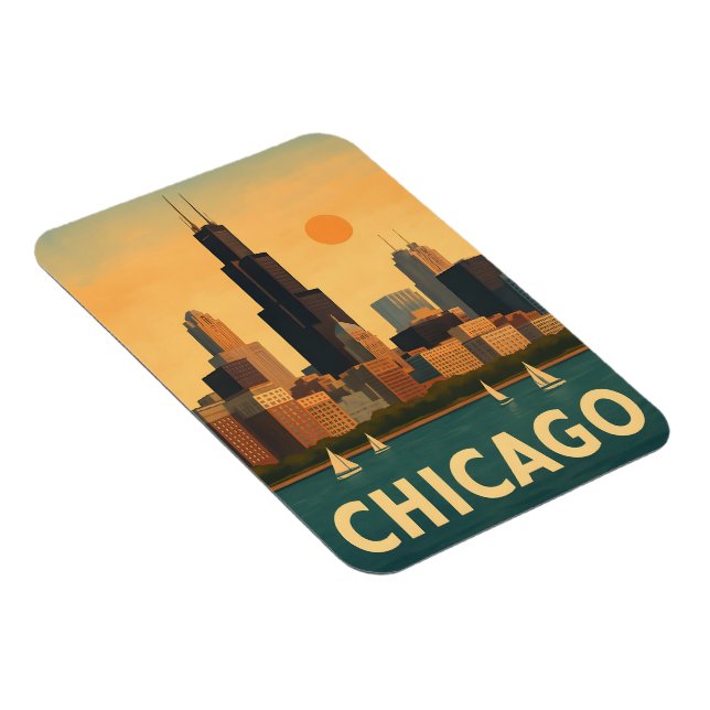 Magnet Flexible Vintage Chicago skyline, lake Michigan sailboat (Côté Droit)