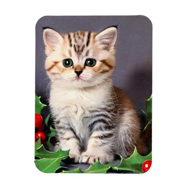 Magnet Flexible Vintage Christmas Kitten et Holly (Vertical)