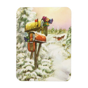 Magnet Flexible Vintage Christmas, Mailboxes in Winter Landscape