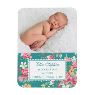 Magnet Flexible Vintage Floral Roses Faire-part de naissance photo