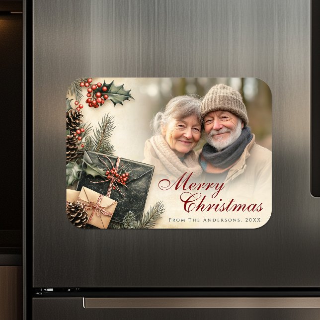 Magnet Flexible Vintage Holly Berries Beige Photo Noël (Vintage Holly Berries Beige Photo Christmas Magnet)