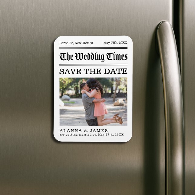 Magnet Flexible Vintage Newspaper Photo Save the Date (“The Wedding Times” newspaper-style Save the Date magnet featuring a romantic engagement photo.)
