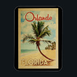 Magnet Flexible Vintage voyage Orlando Palm Tree<br><div class="desc">Un imprimé d'art moderne Orlando Florida d'époque rétro dans un style d'affiche de voyage vintage. Il dispose d'un palmier incurvé sur une plage de sable avec l'océan sous un ciel bleu nuageux.</div>