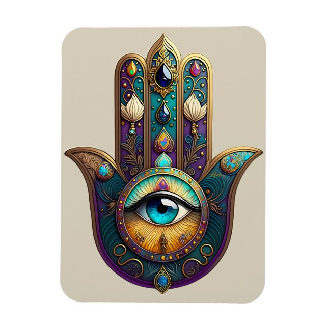 Magnet Flexible Violet sarcelle doré Hamsa avec troisième œil turq (Vertical)