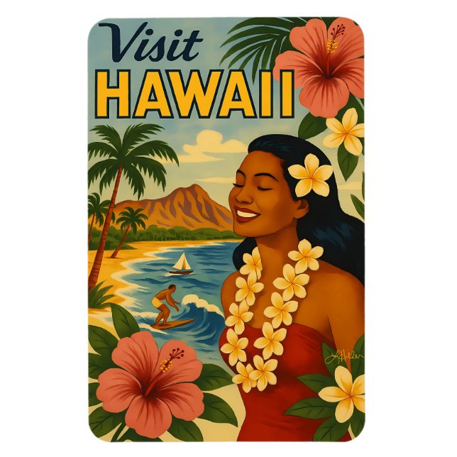 Magnet Flexible Visite Hawaii Tourisme Art Mid Century (Vertical)