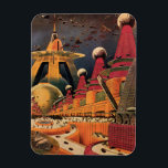 Magnet Flexible Voiture volant vintage de science fiction futurist<br><div class="desc">illustration vintage image de science-fiction voyage et transport avec un livre classique retro sci fi milieu urbain avec une ville de l'avenir. Les bâtiments architecturaux sont en forme de cônes et les véhicules volent dans le ciel comme des oiseaux tandis que la foule se déplace à travers la métropole.</div>