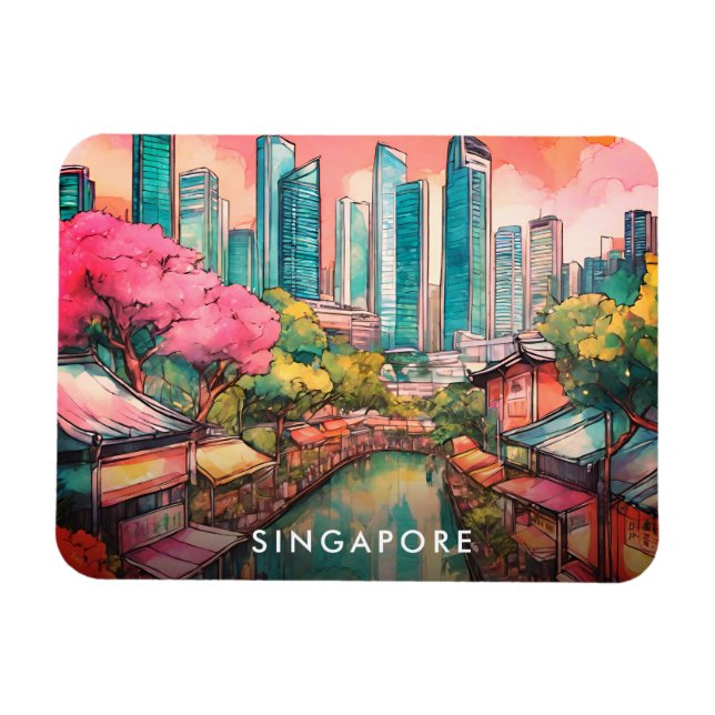 Magnet Flexible Vue de la ville de Singapour colorée (Horizontal)