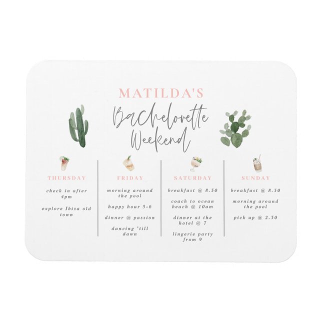 Magnet Flexible Watercolor drinks bachelorette weekend itinerary (Horizontal)