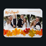 Magnet Flexible We Eloped Fall Leaf Wedding Announcement Photo<br><div class="desc">This beautiful wedding announcement Thanksgiving photo magnet features an elegant 3 photograph collage under the orange words We Eloped. This pretty autumn leaf photograph with trendy white wood behind the leaves is a chic holiday magnetic card to decorate with your newlywed photographs. Give thanks for your new marriage with these...</div>