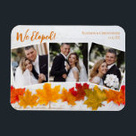 Magnet Flexible We Eloped Fall Leaf Wedding Announcement Photo<br><div class="desc">This beautiful wedding announcement Thanksgiving photo magnet features an elegant 3 photograph collage under the orange words We Eloped. This pretty autumn leaf photograph with trendy white wood behind the leaves is a chic holiday magnetic card to decorate with your newlywed photographs. Give thanks for your new marriage with these...</div>