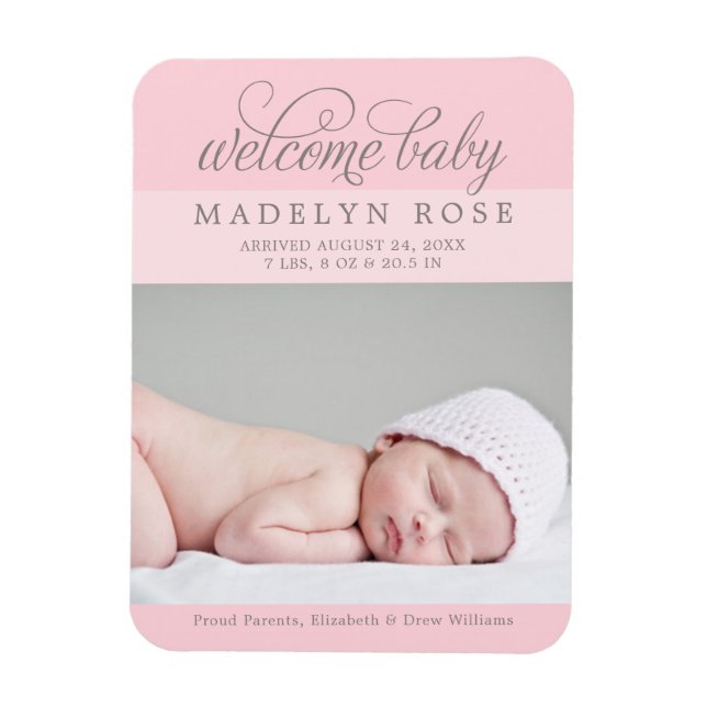 Magnet Flexible Welcome Baby Girl | Elegant Light Pink Photo Birth (Vertical)