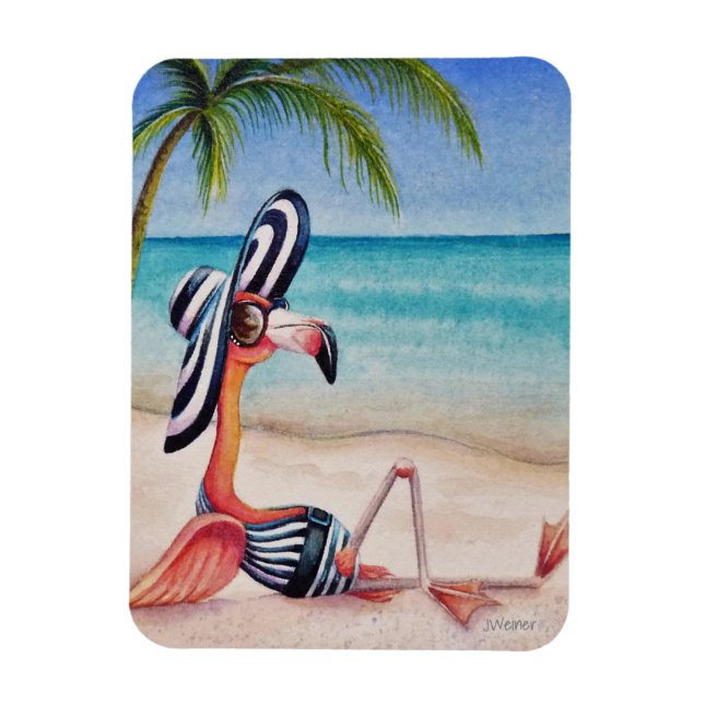 Magnet Flexible Whimsical Beach Babe Flamant rose No 1 Aquarelle A (Vertical)
