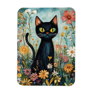 Magnet Flexible Whimsical Black Cat avec illustration Fleur sauvag