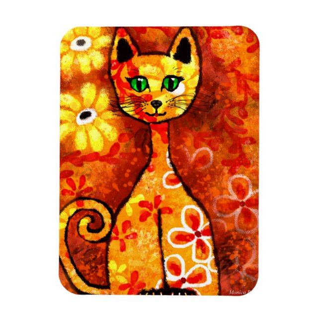Magnet Flexible Whimsical Retro Kitty Chat Abstrait Art Orange (Vertical)