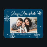 Magnet Flexible Whimsical Snowflakes Blue Happy Hanoukka Photo<br><div class="desc">Heureux Hanoukka ! Envoyez des voeux chaleureux à votre famille et à vos amis avec cet aimant fantasque d'Hanoukka. Il comprend des flocons de neige fantaisistes et de la calligraphie moderne. Personnalisez cette carte Hanoukka photo en ajoutant vos détails. Cet aimant photo Hanoukka flocon de neige est disponible en d'autres...</div>