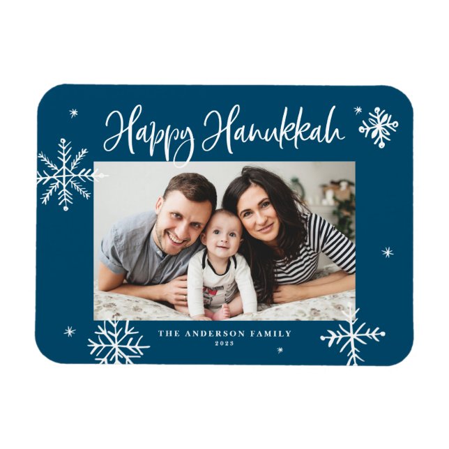 Magnet Flexible Whimsical Snowflakes Blue Happy Hanoukka Photo (Horizontal)