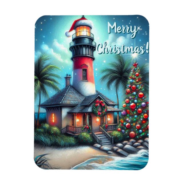 Magnet Flexible Whimsical Tropical Christmas Lighthouse Turquoise  (Vertical)