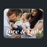 Magnet Flexible White Love et la typographie de la lumière Hanoukk<br><div class="desc">Amour et lumière | Fêtez le joyeux Festival des lumières avec notre photo personnalisable Hanoukka magnet! Cet aimant festif vous permet de mettre en valeur vos souvenirs préférés tout en ajoutant une touche personnelle à votre décor de vacances. Il présente une typographie rétro et audacieuse. Personnalisez cette carte Hanoukka photo...</div>